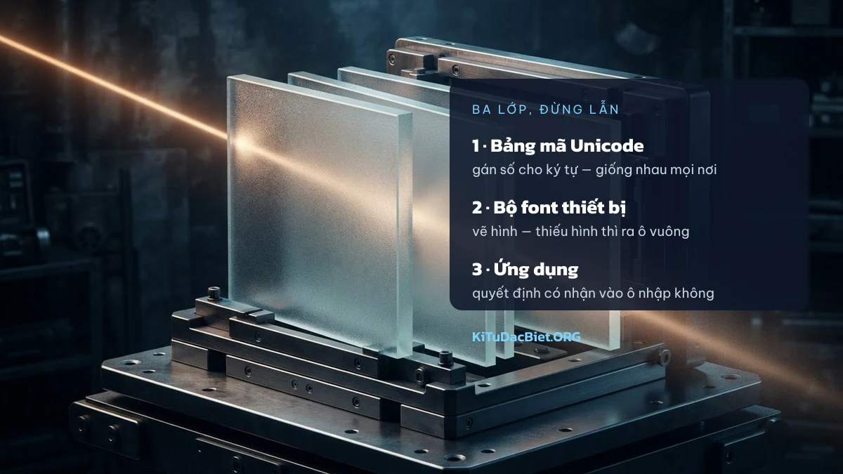 Ba lớp quyết định kí tự hiển thị: bảng mã, font, ứng dụng