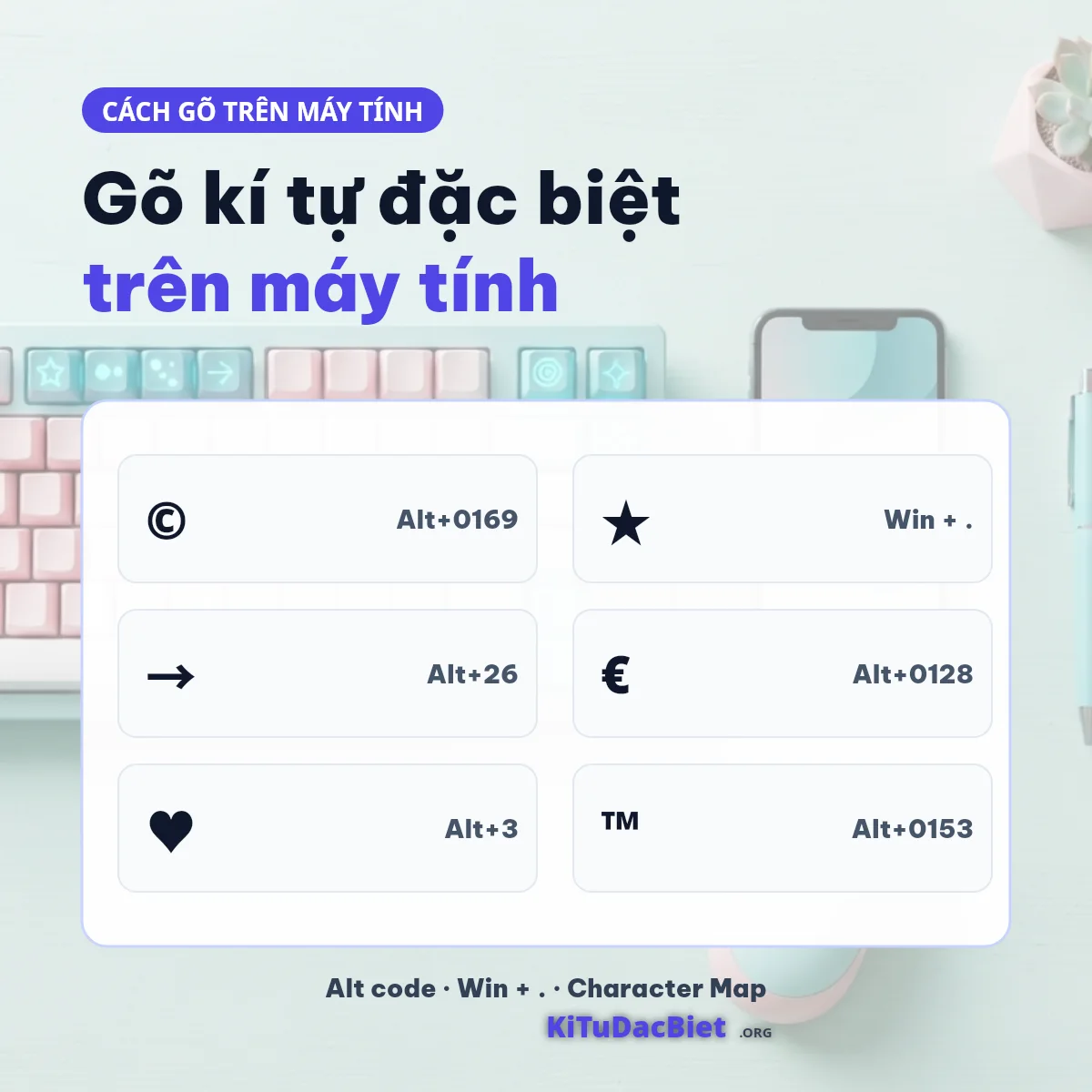 Bàn phím kí tự đặc biệt: Alt code Windows và phím tắt cho © ★ → € ♥ ™