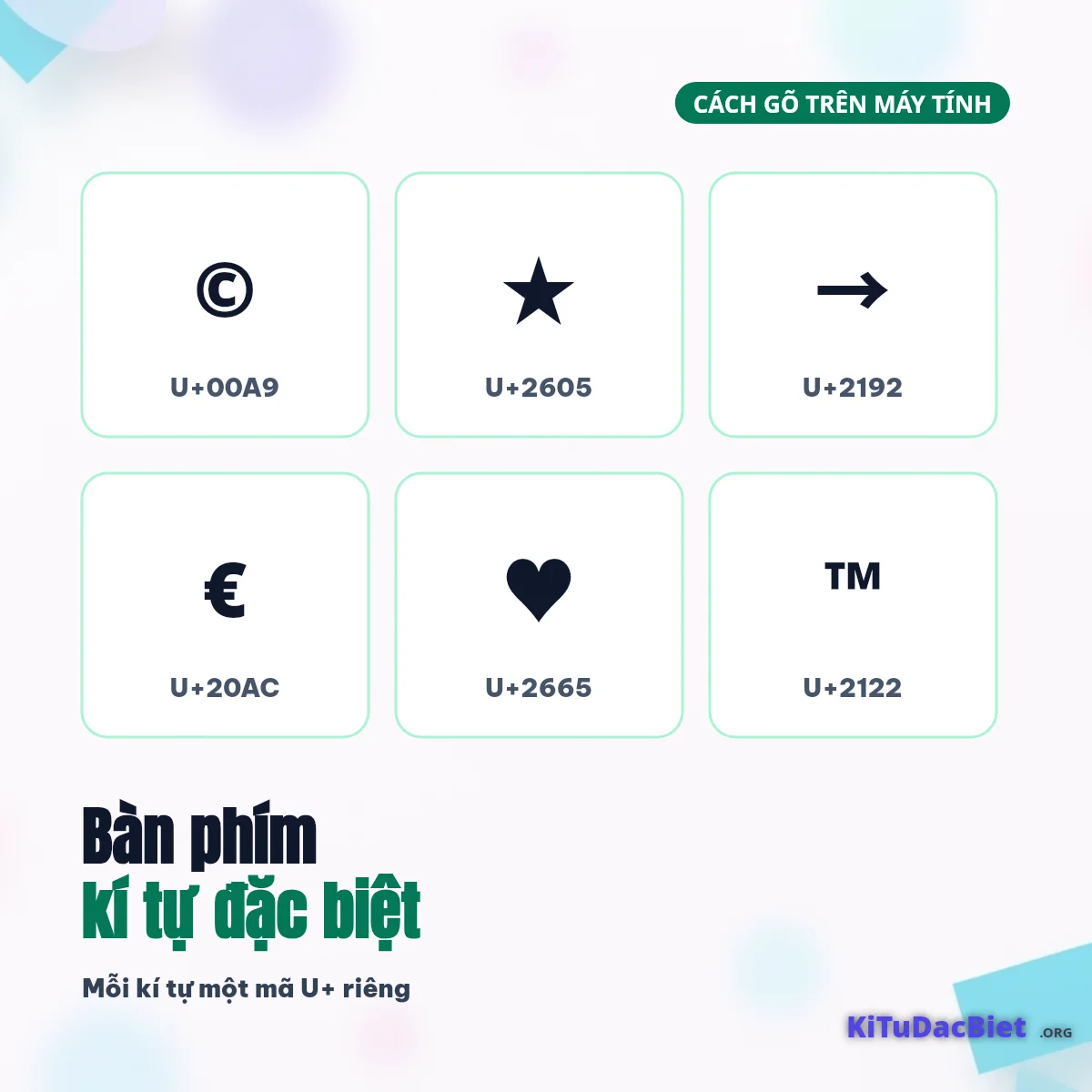 Mã Unicode U+ của kí tự đặc biệt trên bàn phím: © ★ → € ♥ ™